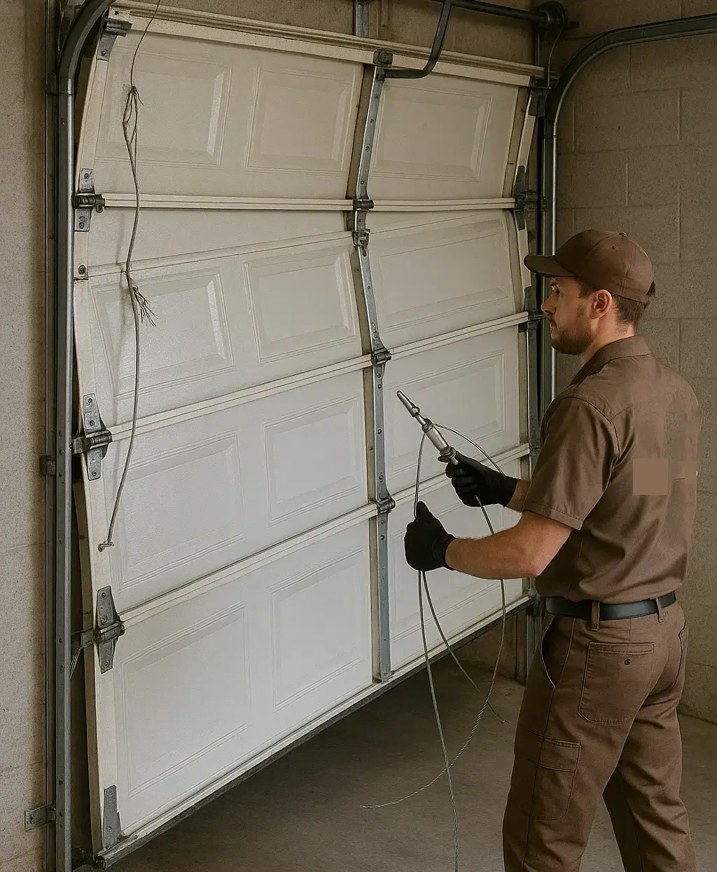 Garage door leaning with frayed cable as technician performs safe replacement