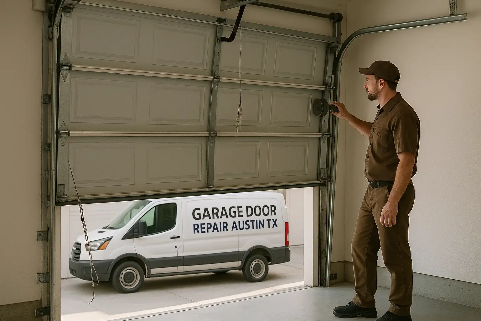 Uneven garage door with technician inspecting frayed cable in Austin home