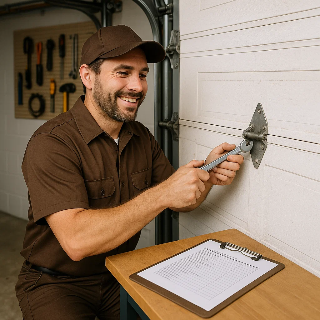 Technician performing routine garage door maintenance in Austin