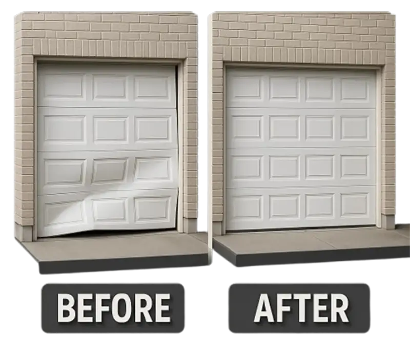 Before and after garage door repair in Austin TX showing restored functionality and appearance