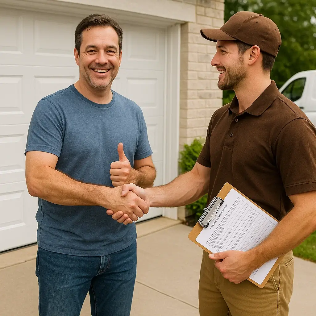 Happy homeowner shaking hands with garage door technician after successful repair in Austin TX