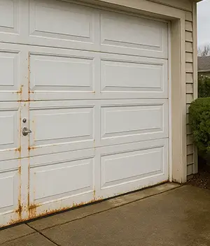 Before  garage door rust repair by technician in Austin TX