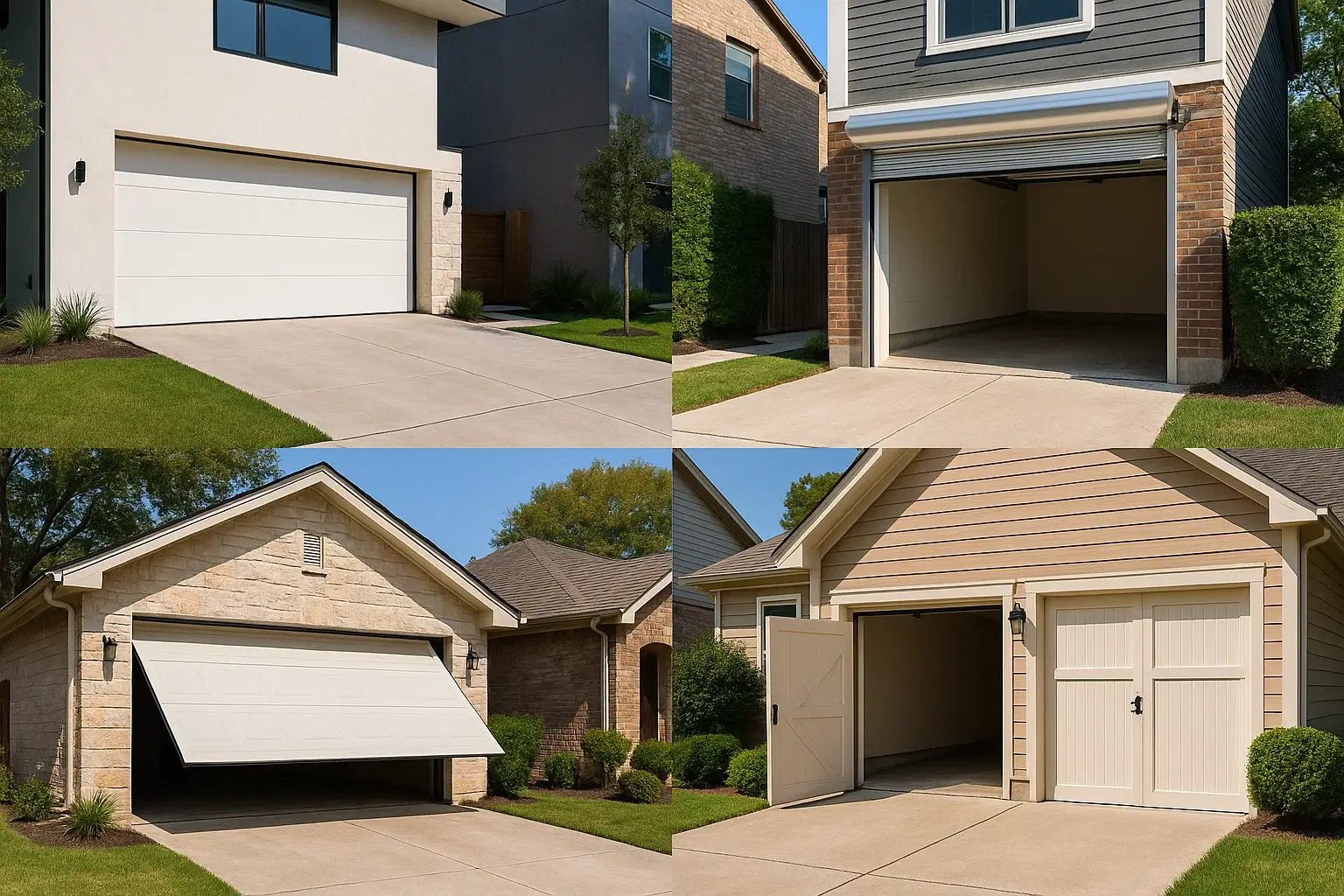 Sectional, roll-up, tilt-up, and side-hinged garage doors on Austin homes