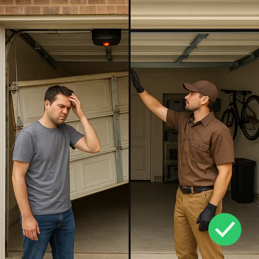 Homeowner checking noisy and uneven garage door in Pflugerville TX