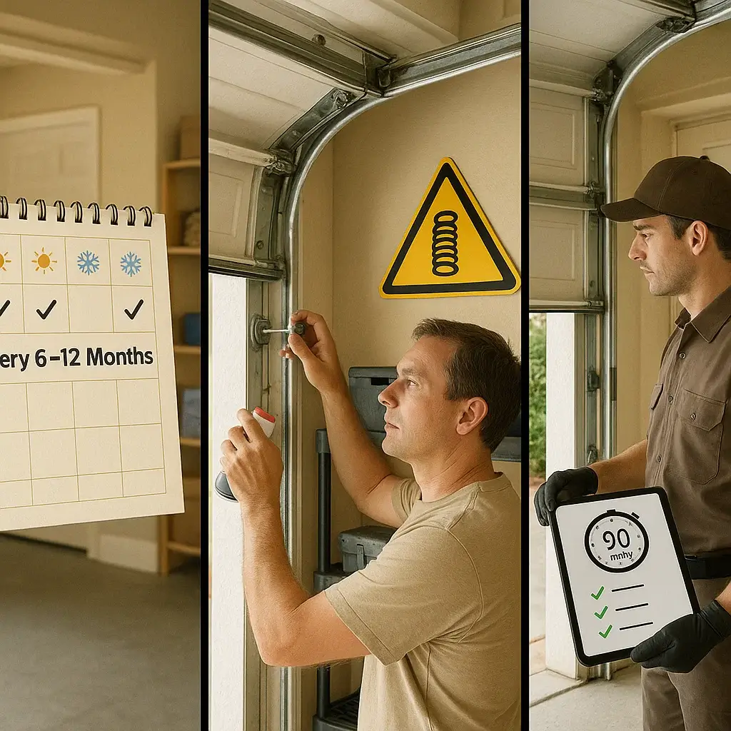 Technician performing annual garage door inspection in Leander TX near Crystal Falls