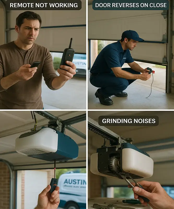 Visual guide to garage opener remote issues, reversing doors, and grinding noise in Austin
