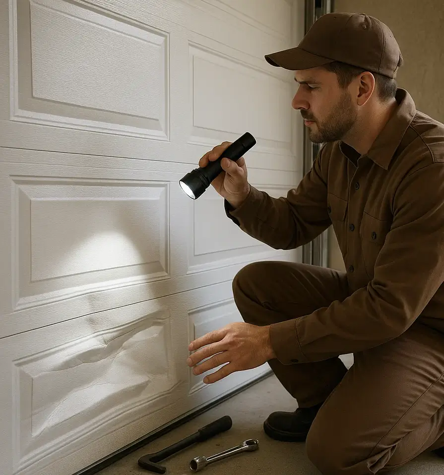 Technician installing insulated roll up garage door for improved energy savings in San Marcos Texas