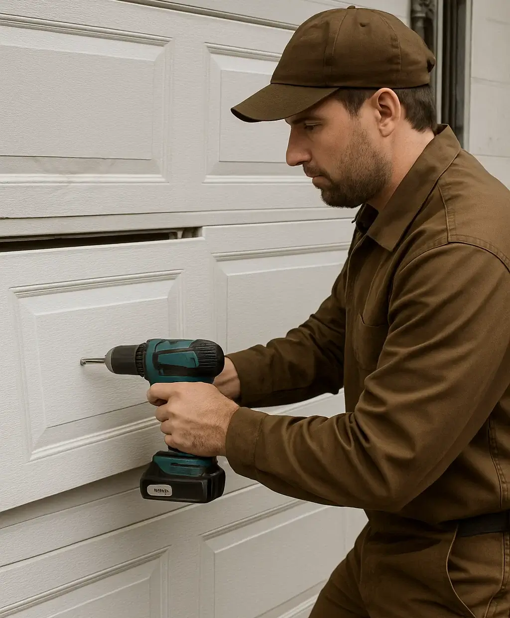 Technician inspecting garage door springs and rollers during routine maintenance in Manor Texas