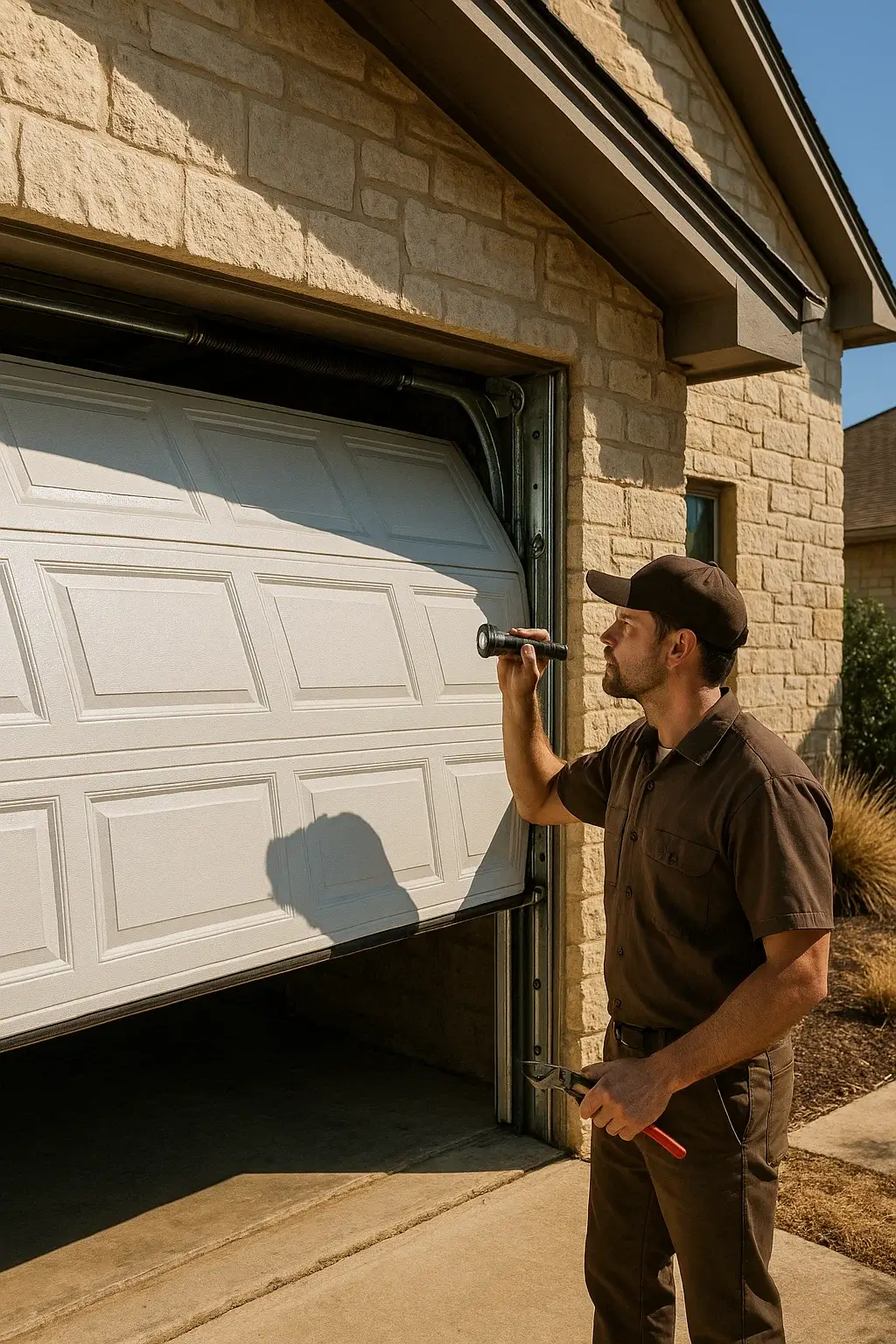 Technician in a brown uniform inspecting a misaligned garage door at an Austin TX home
