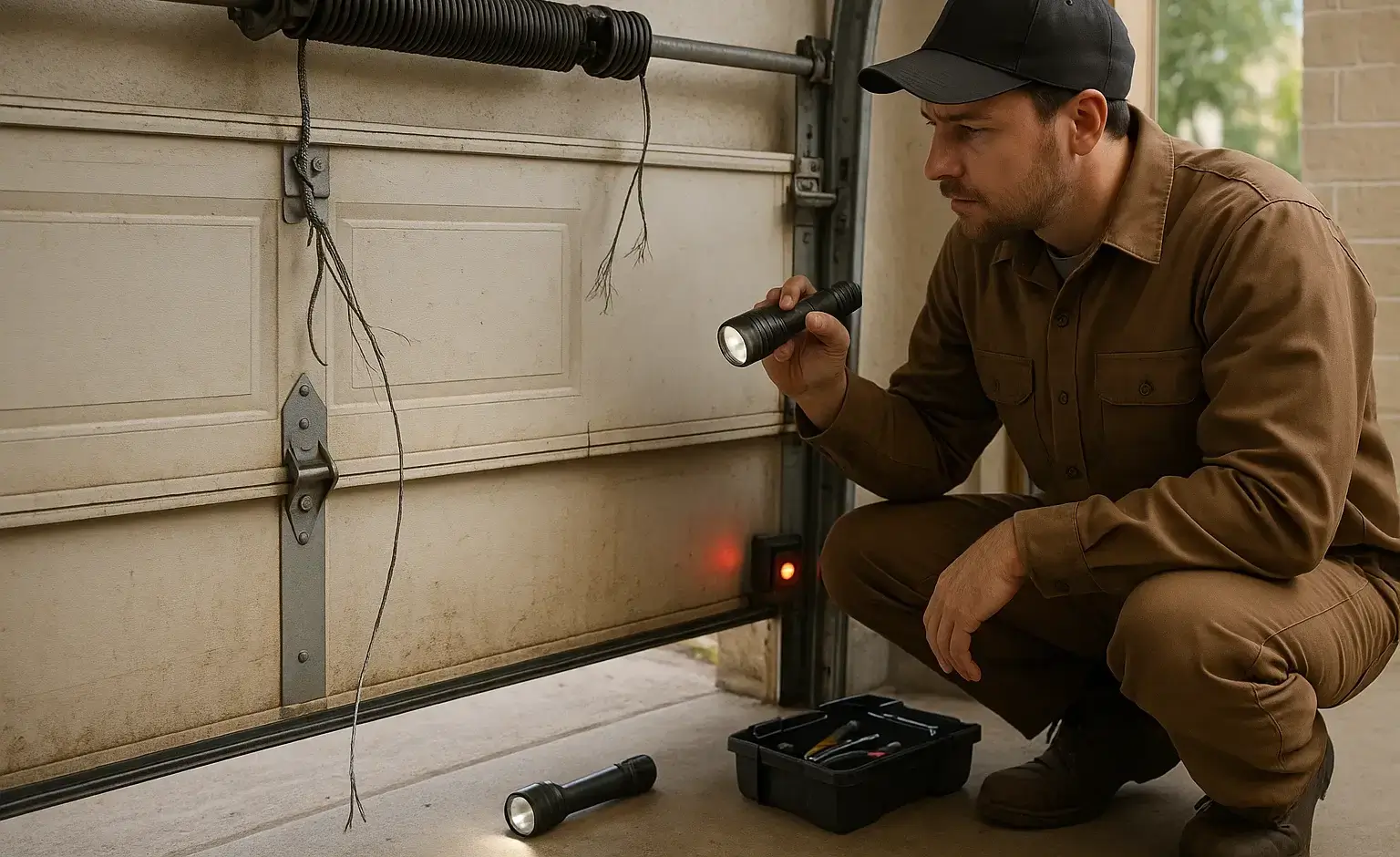 Garage door technician inspecting broken spring and misaligned sensor