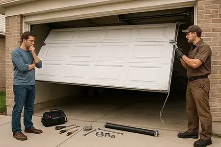 Technician performing preventive garage door maintenance in Spicewood TX near Hunters Creek, adjusting springs and cleaning tracks