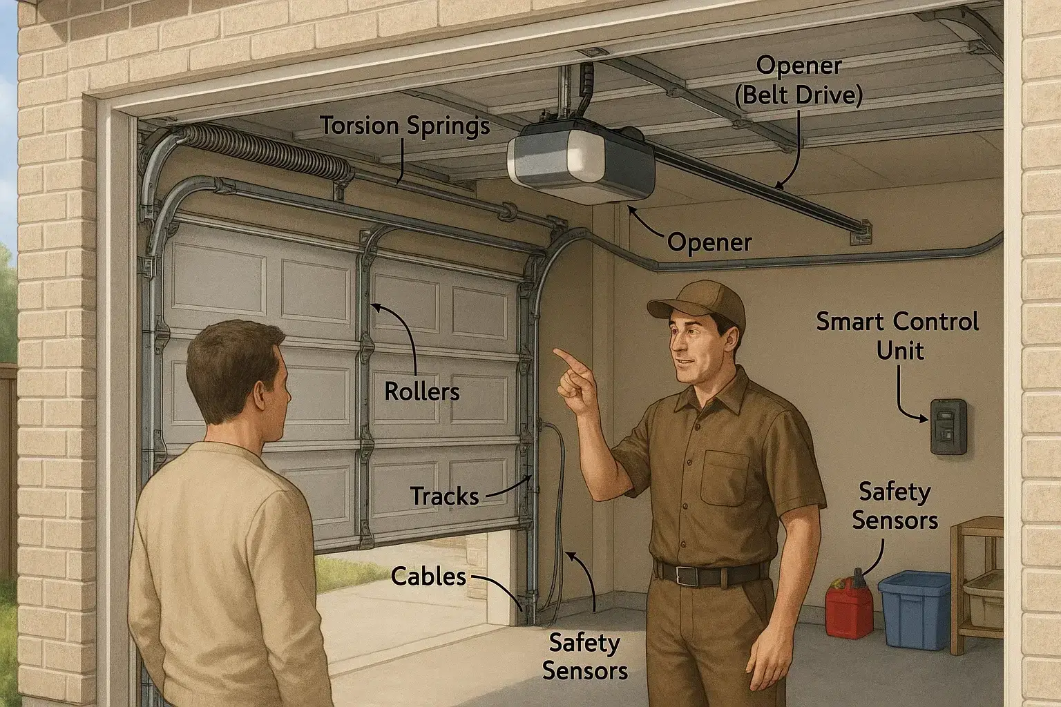 Technician explaining garage door system parts inside Austin home garage