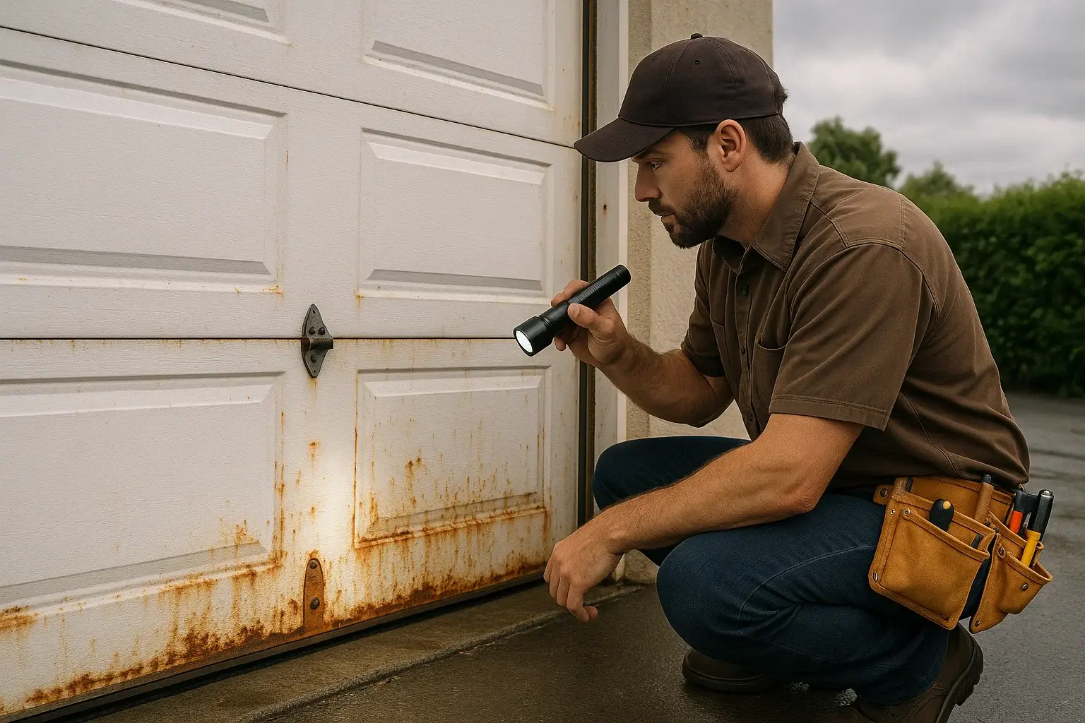 Technician inspecting rusted white garage door in Austin TX driveway 