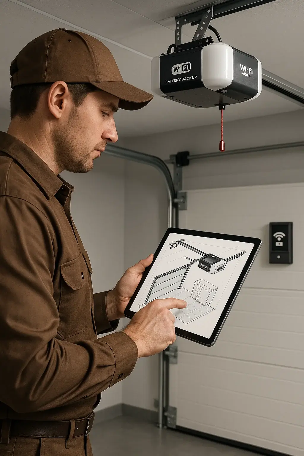 Technician in a brown uniform reviewing 3D garage layout on tablet with smart opener installed in a modern Austin TX garage