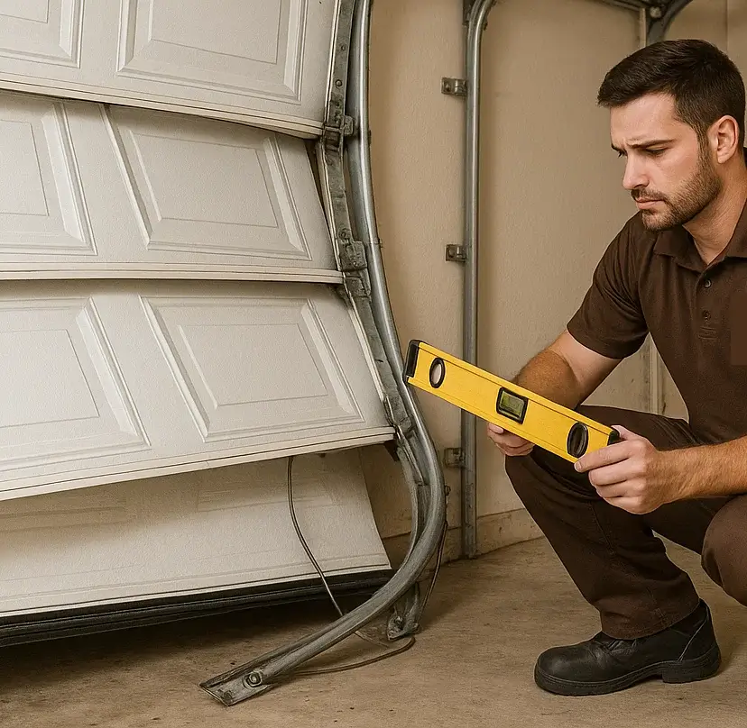Technician inspecting and servicing a roll up garage door in Spicewood TX commercial property