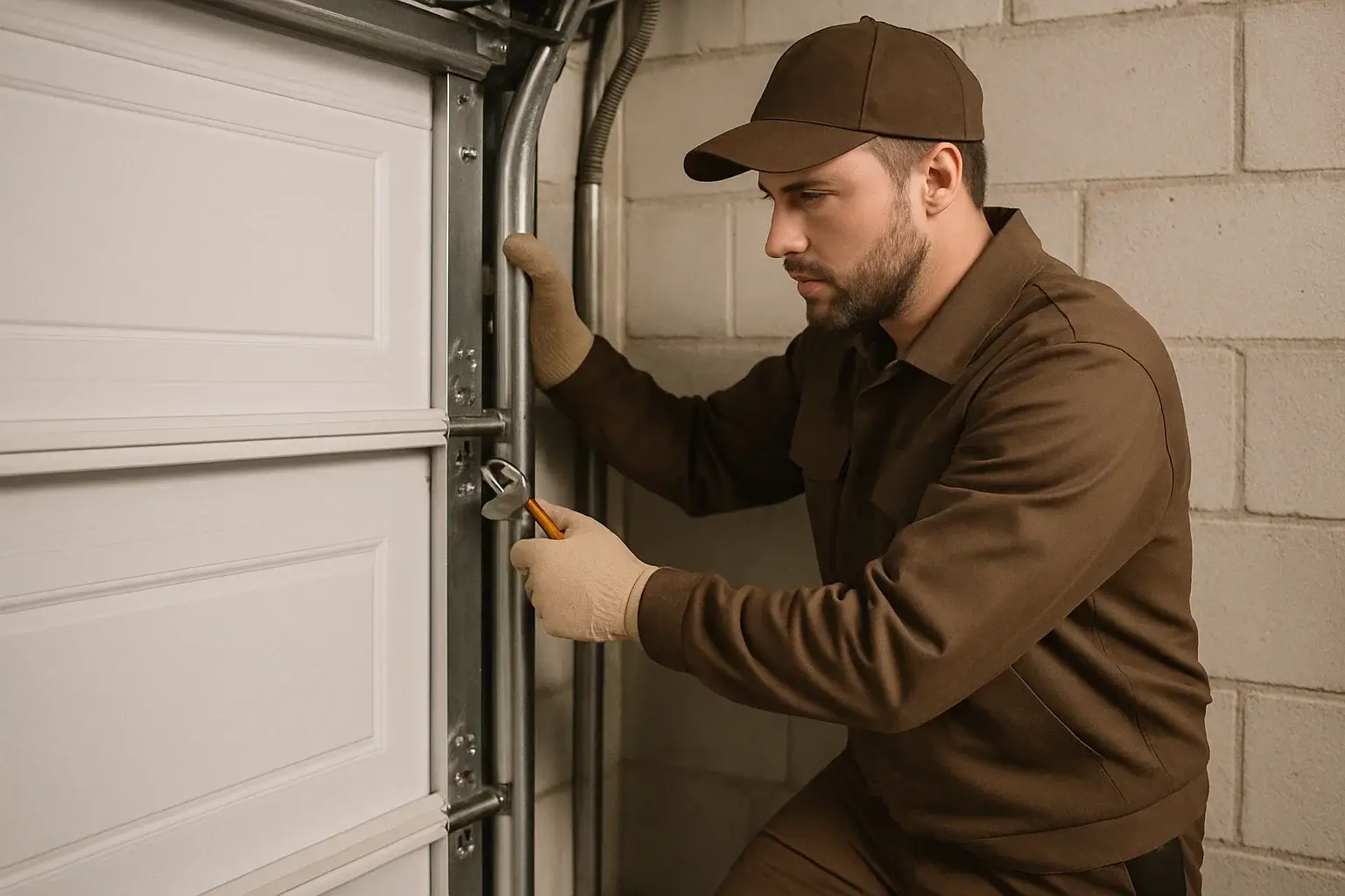 Technician repairing commercial roll up garage door in Leander TX business district