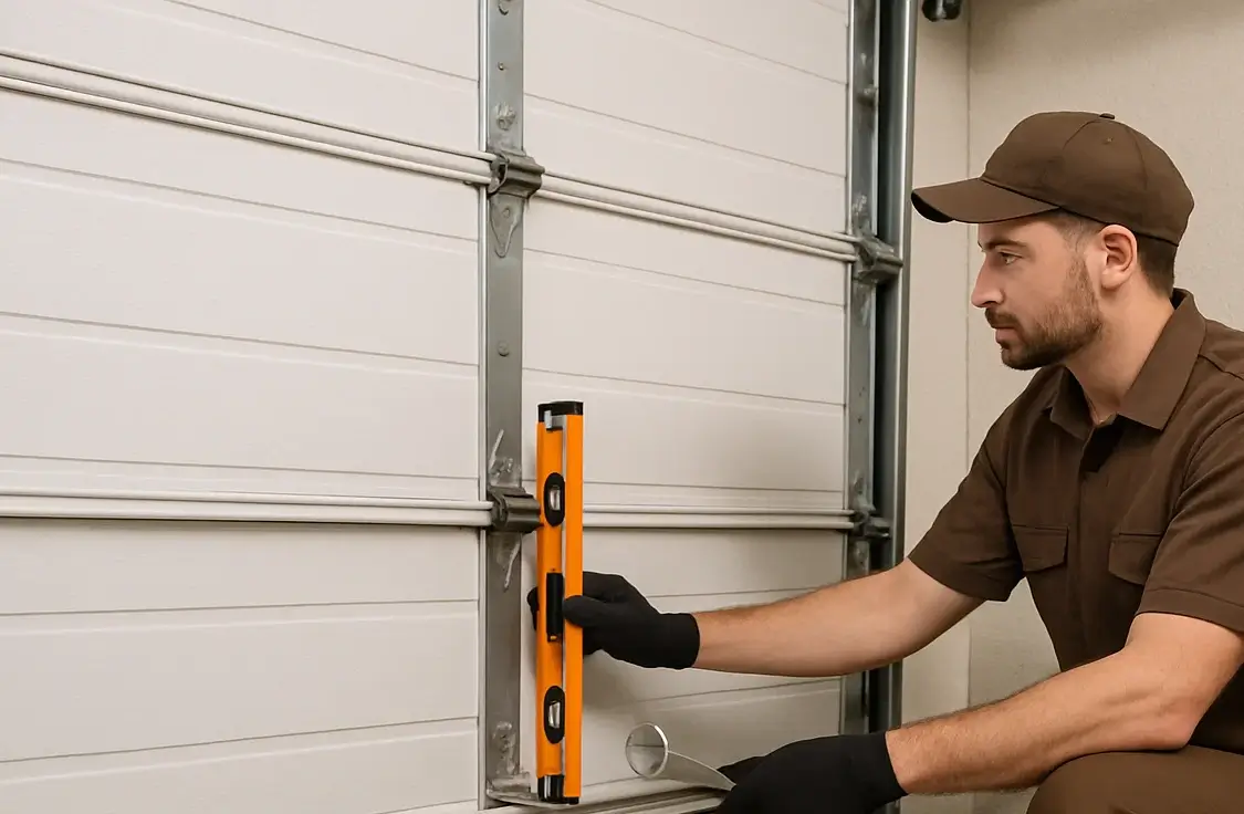 Technician adjusting misaligned garage door track in Austin home